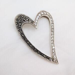Sterling Silver 925 Marcasite Crystal Slide Heart Pendant Thai 7.40g 1.78in
